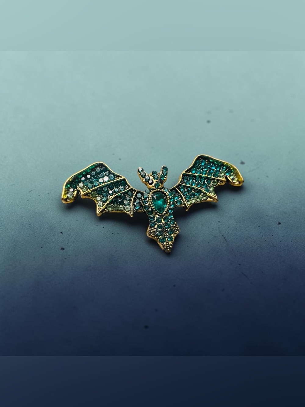 Gold-Tone Hunter Green Rhinestone Bat Brooch